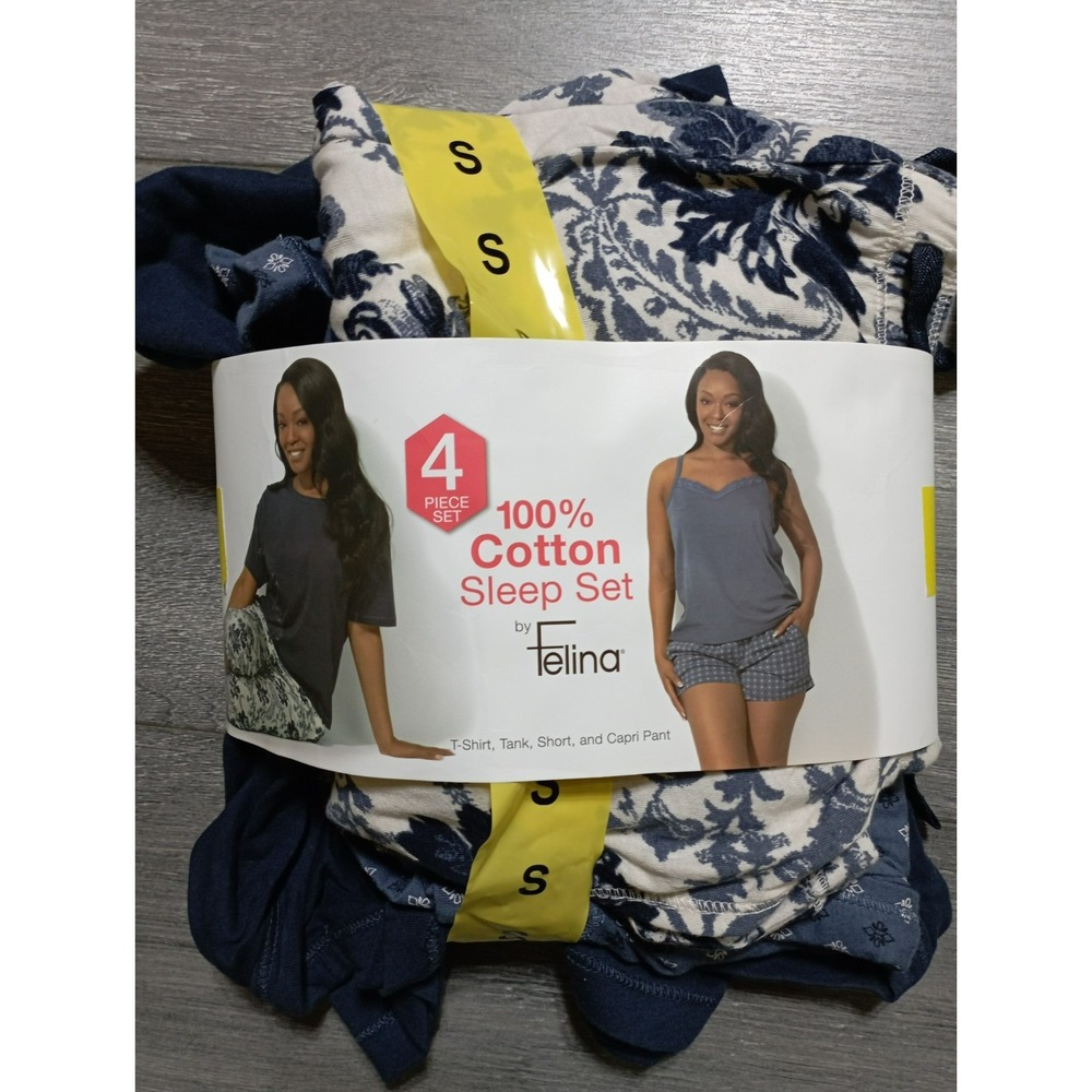 Felina Pajama Set Small Blue Floral 4-Piece Cotton Shirt Tank Short Capri Womens